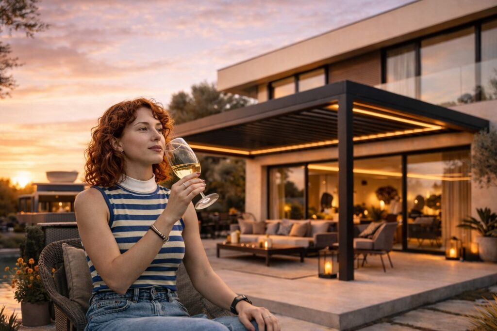 Premium bioklimatska pergola LOBA Living na moderni terasi z večernim ambientom