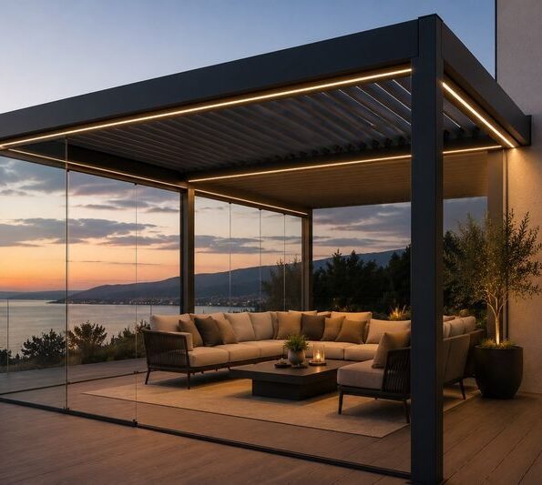 Premium pergola LOBA Living z aluminijasto konstrukcijo na moderni terasi