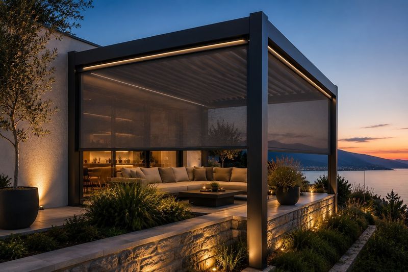 Pergola za teraso z aluminijasto konstrukcijo in nastavljivimi lamelami ob moderni hiši