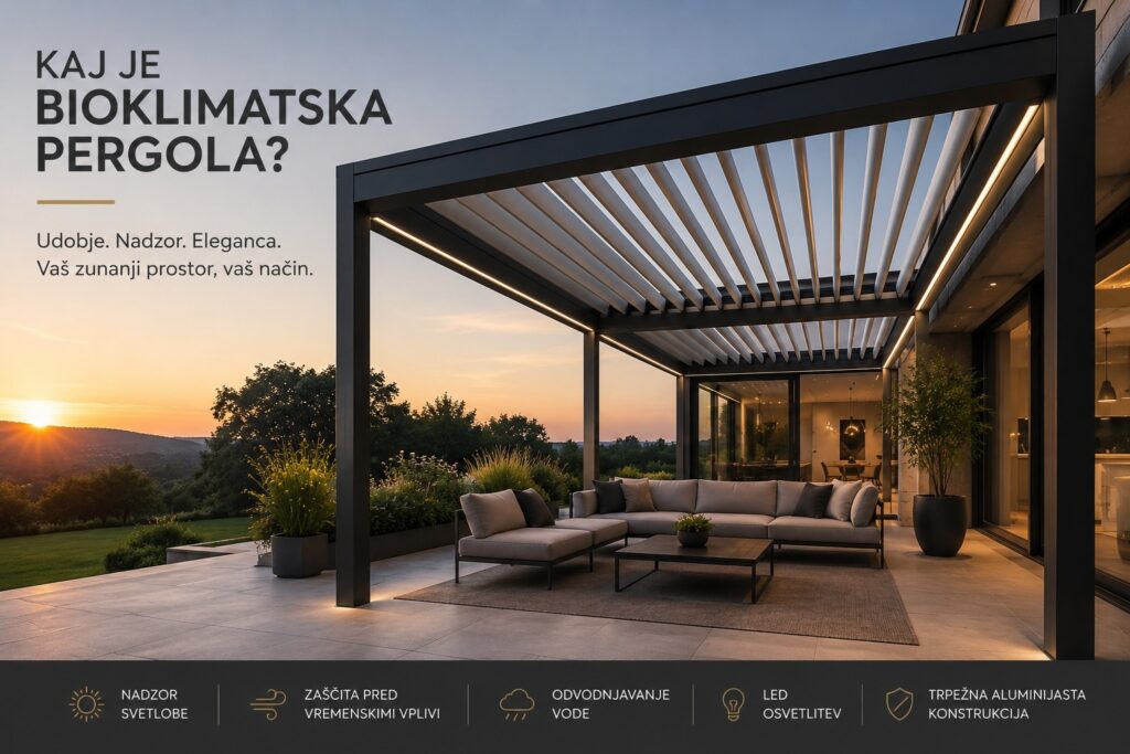 Bioklimatska pergola z nastavljivimi lamelami in LED osvetlitvijo na moderni terasi