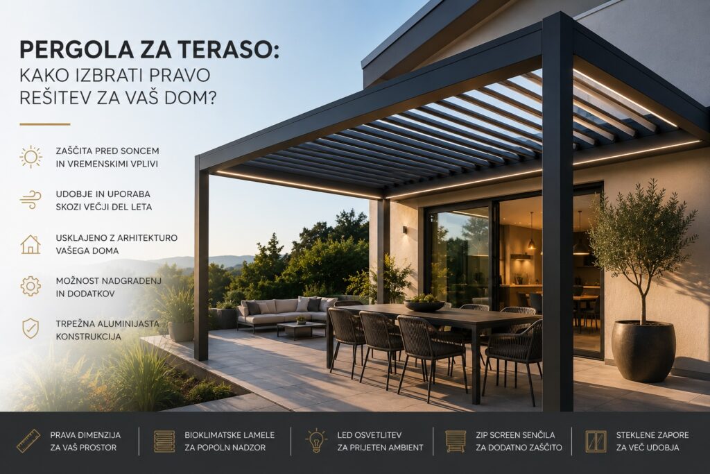 Moderna pergola za teraso z bioklimatskimi lamelami in LED osvetlitvijo ob hiši